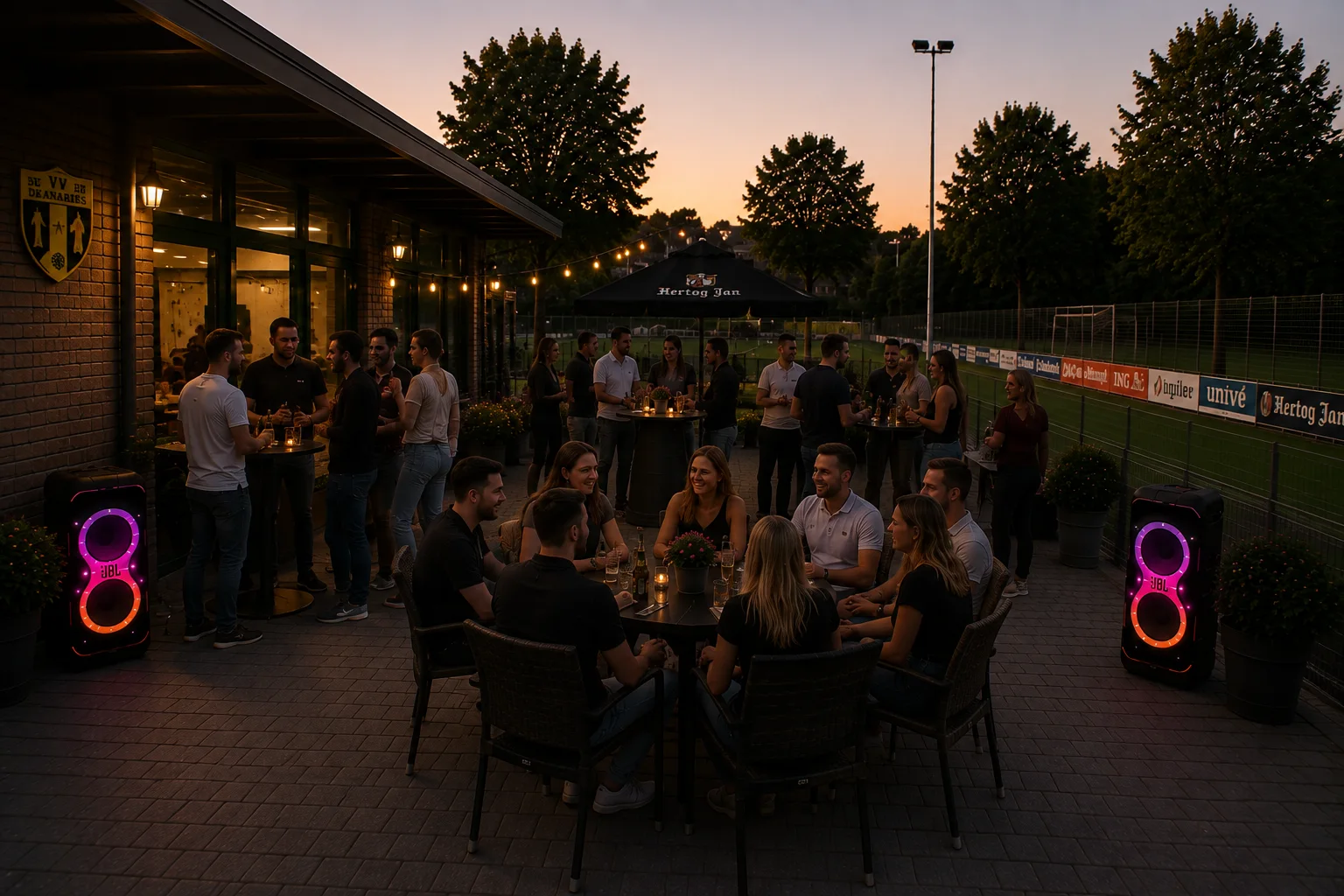 Feest bij een sportkantine met twee JBL PartyBox-speakers